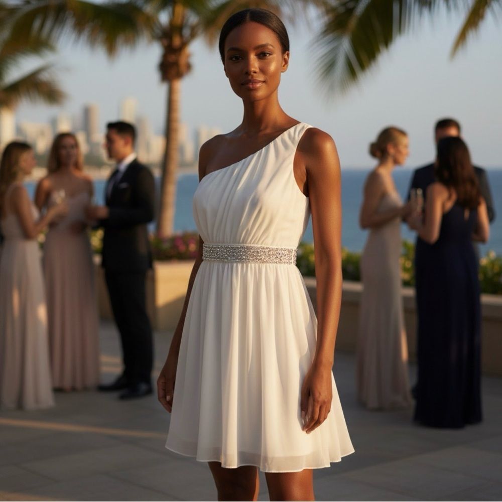 Ivory One-Shoulder Cocktail Dress with Beaded Waist